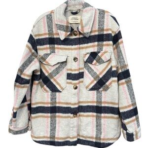 Ashley Plaid Shacket M Cream Pink Tan | Oversized Fall Layer